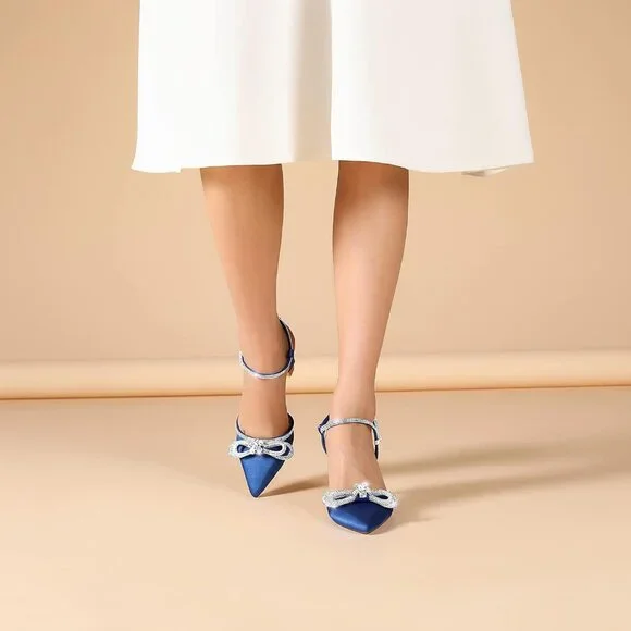 Women's Rhinstone Dark Blue Adjustable Strap Bow Closed Toe Pumps Heeled Shoes